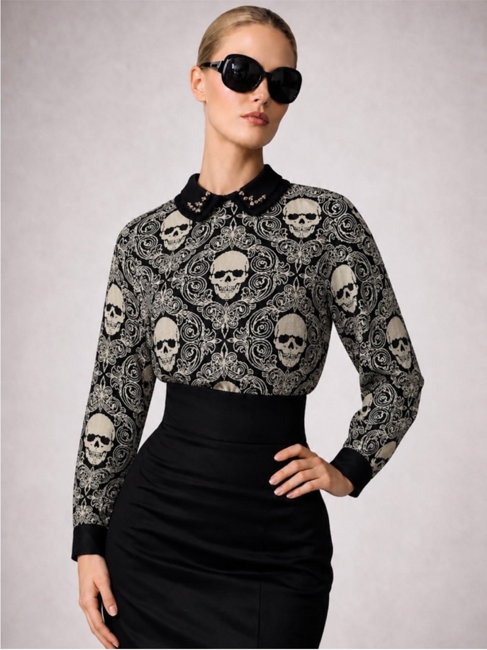 Gothic Damask Skull Print Blouse with Studded Peter Pan Collar - Small